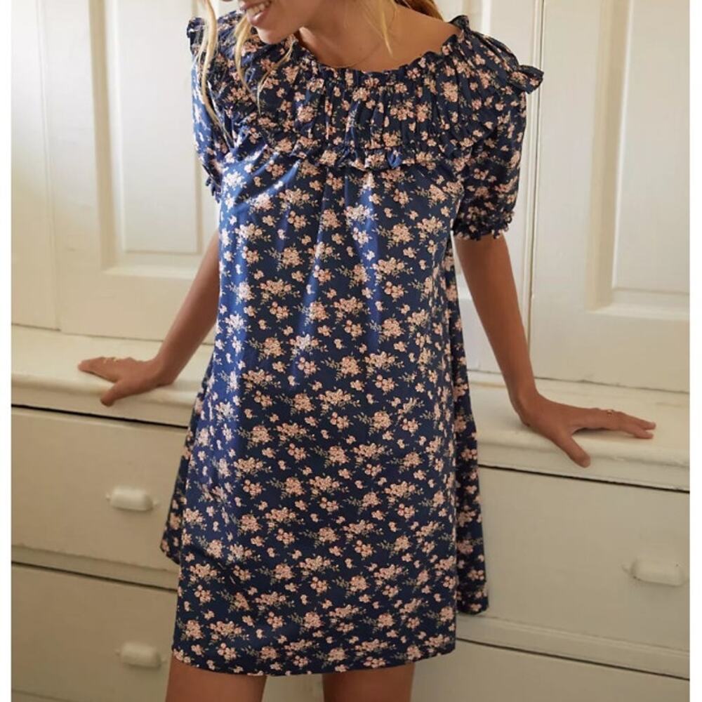 Anthropologie Mender Blue Floral Ruched Tunic Cotton Dress